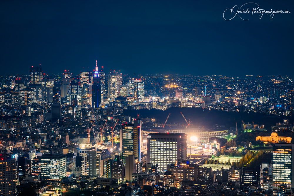 Japan Aerial View at Night with Tokyo Olympic Stadium